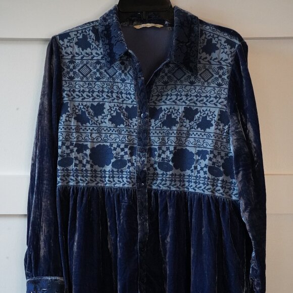 Soft Surroundings, Velvet Embroidered Long Sleeve Button Down Tunic Top, Blue - Picture 3 of 6
